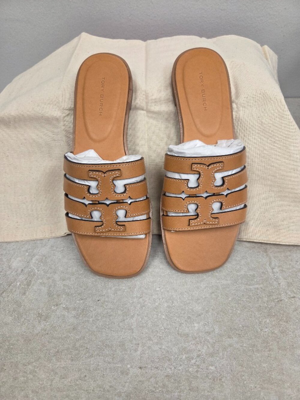 Tory Burch Ines Cage Slide Vachetta Leather Slide Camello Size 5 New In Box